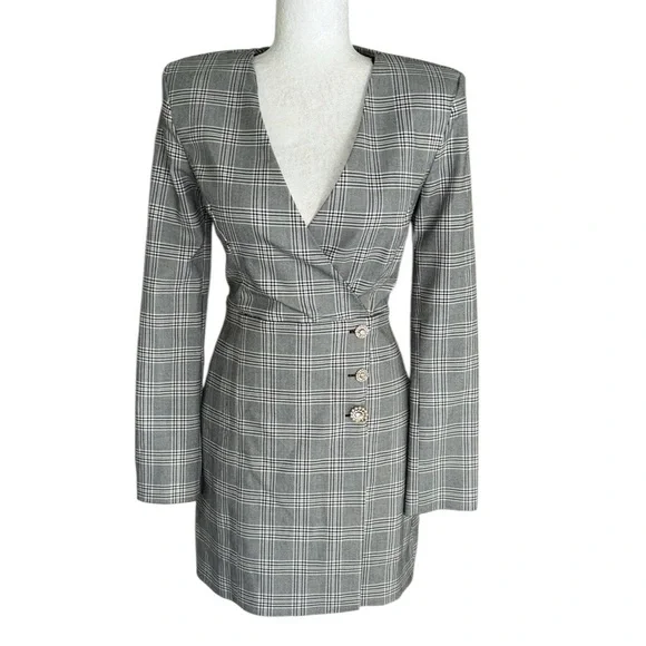 Zara Black & White Plaid Wrap Front Rhinestone Button Blazer Mini Dress - XS - Picture 6 of 16